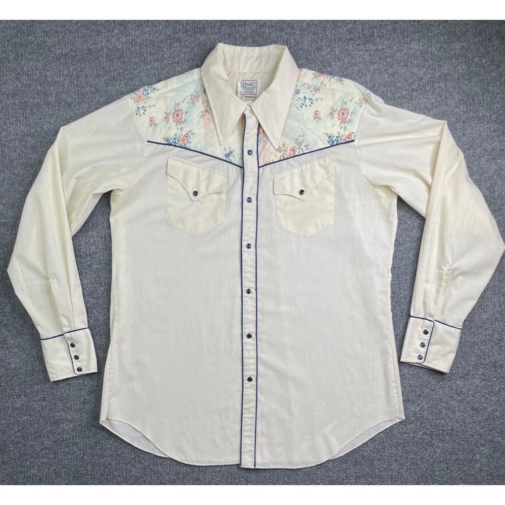 H Bar C Western Shirt Mens L Cream Floral Quilted Pearl Snap Long Tail Vintage